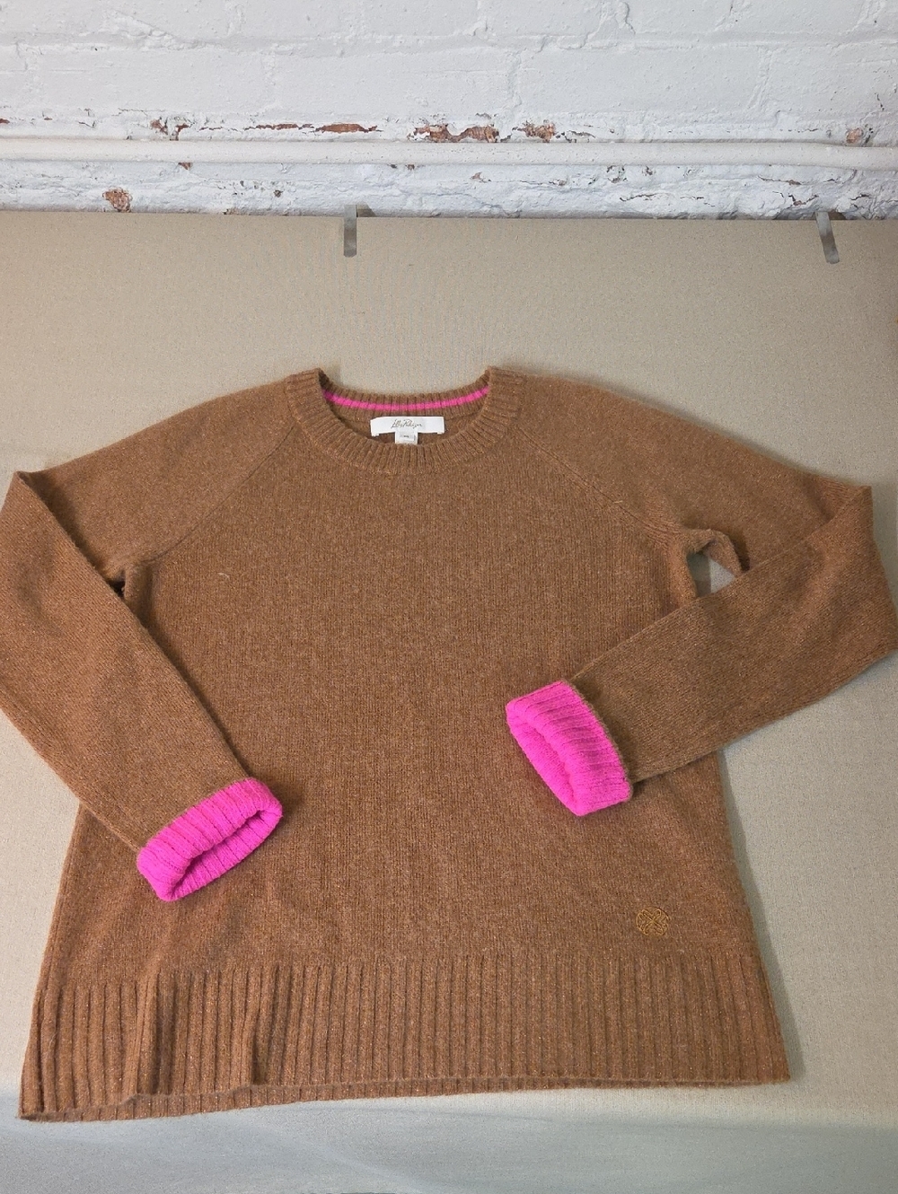 Lilly Pulitzer Charlisa Cashmere Brown Sweater with Pink Cuffs Medium - Picture 5 of 9